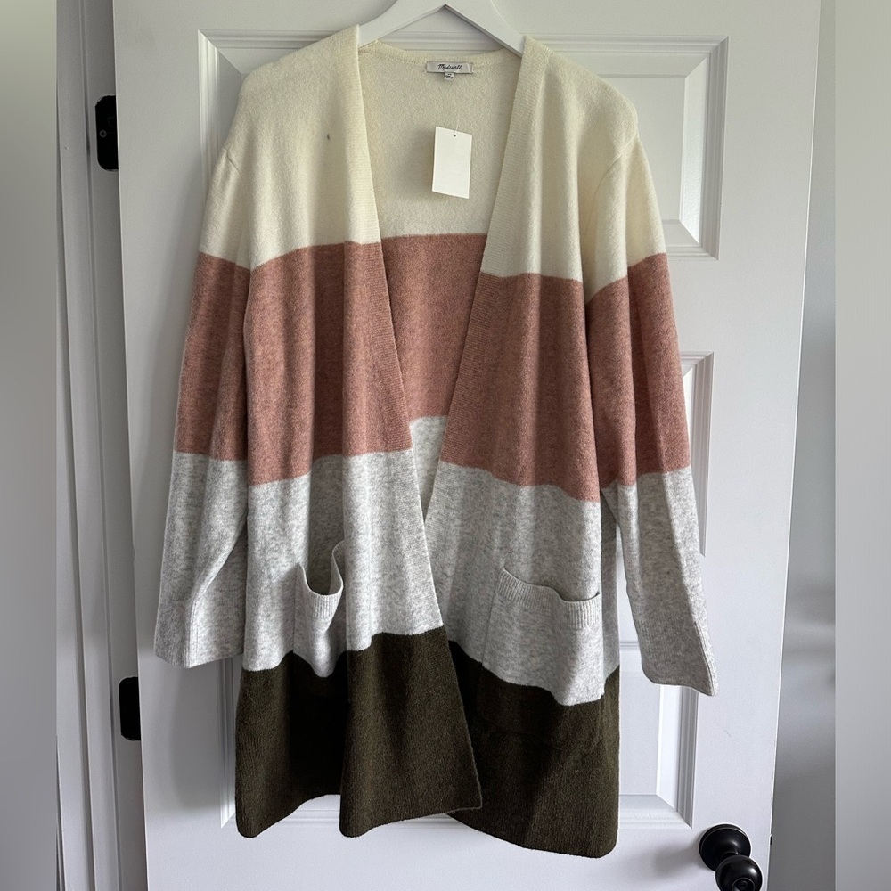 Madewell Kent Colorblock Stripe Cardigan Sweater in Antique Cream